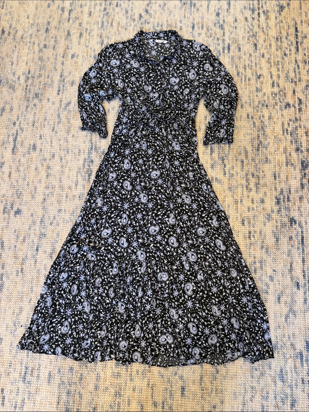 Zara Black Floral and Paisley 3/4 Sleeve Midi Dress - Drawstring Waist